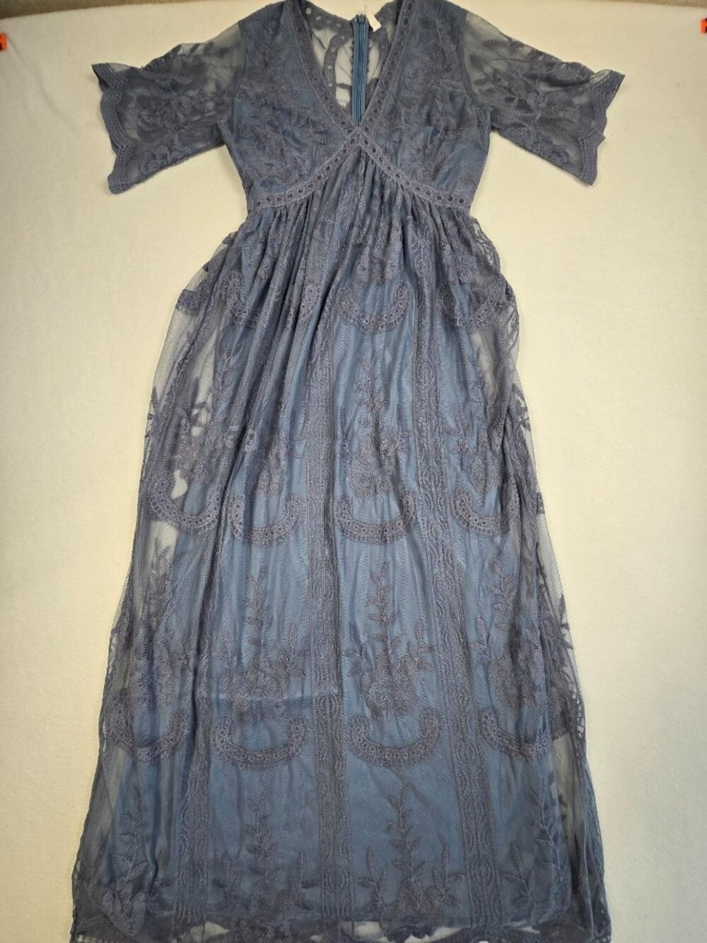 PinkBlush Small Blue Lace Mesh Overlay Maxi Dress Boho Fairy Feminine Empire Wai - Picture 3 of 8